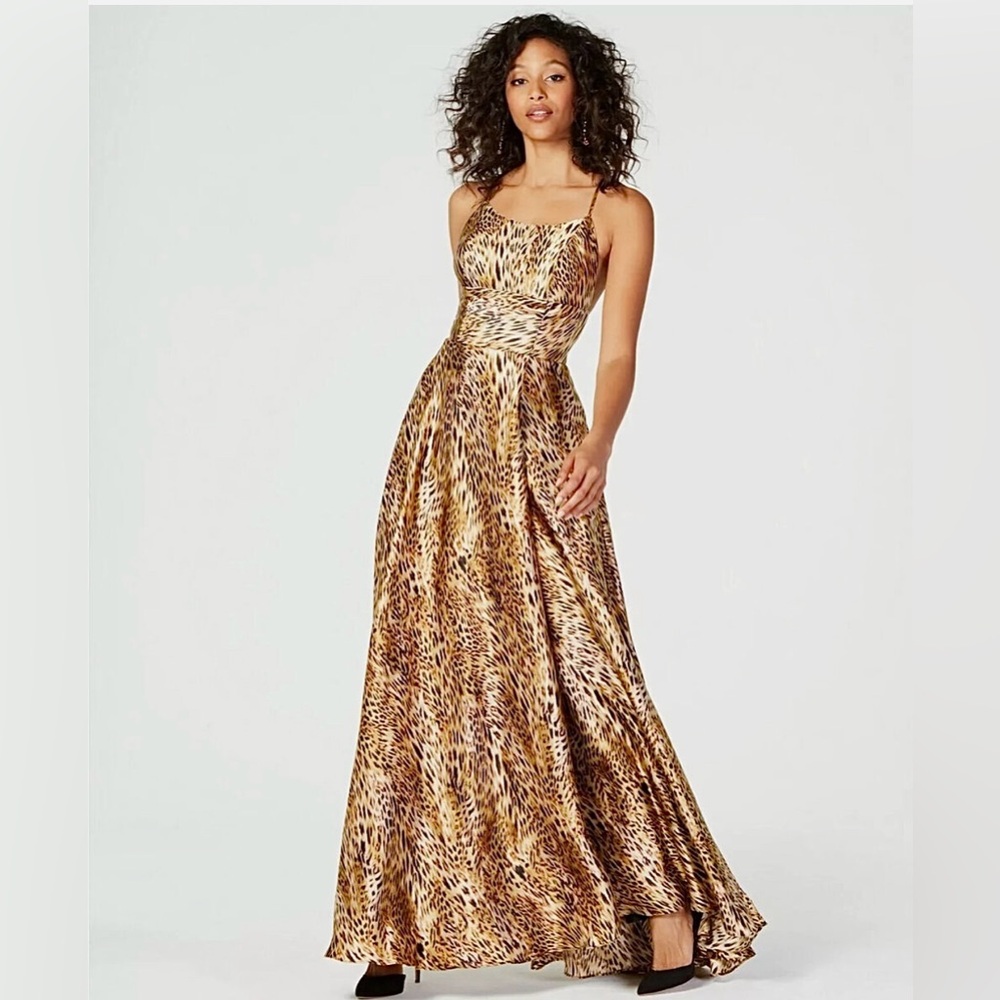 Betsy & Adam NWT Satin Leopard Animal Print Long Gown Size 0